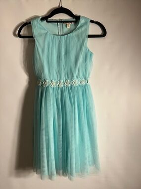 SPEECHLESS SIZE 12 GIRLS TURQUOISE TULLE MESH BEADED FLOWERS WAIST BELT LINED